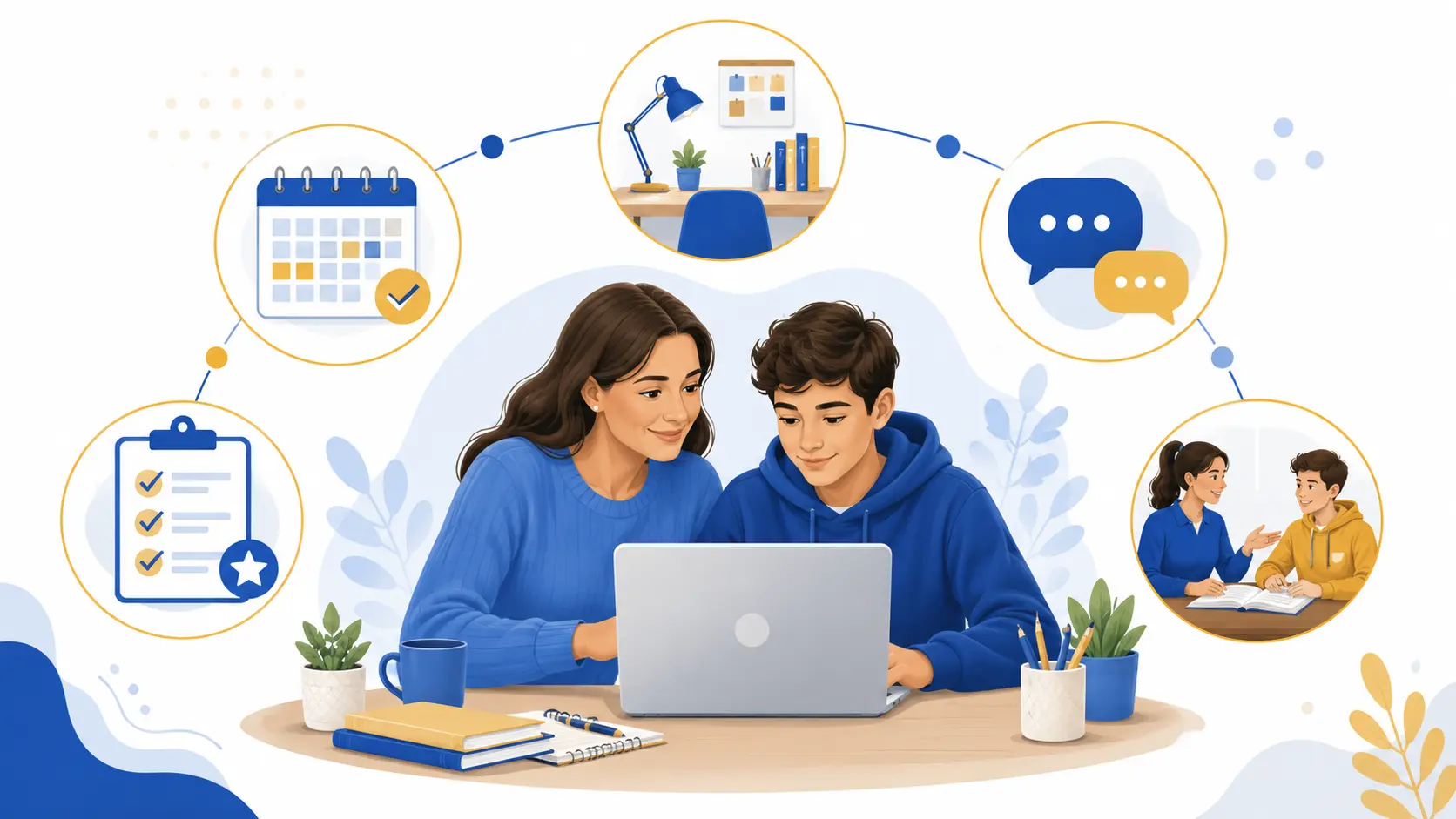 Illustration of parent support habits for online school success.