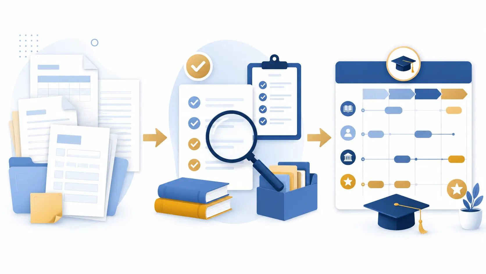 Illustration of school records being reviewed and organized into a plan.